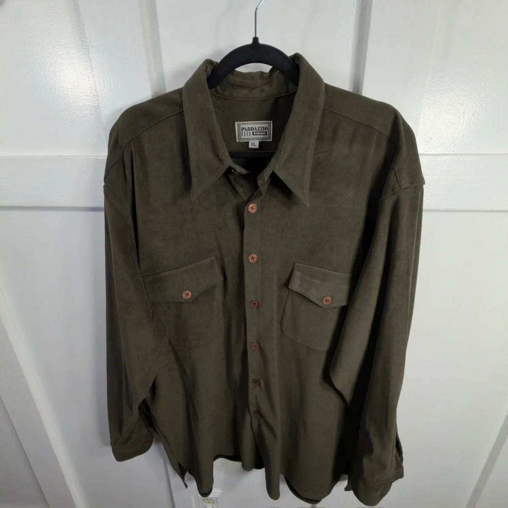 Pardazzo Uomo Suede Feel Button Down Shirt Olive Green Size XL‎
